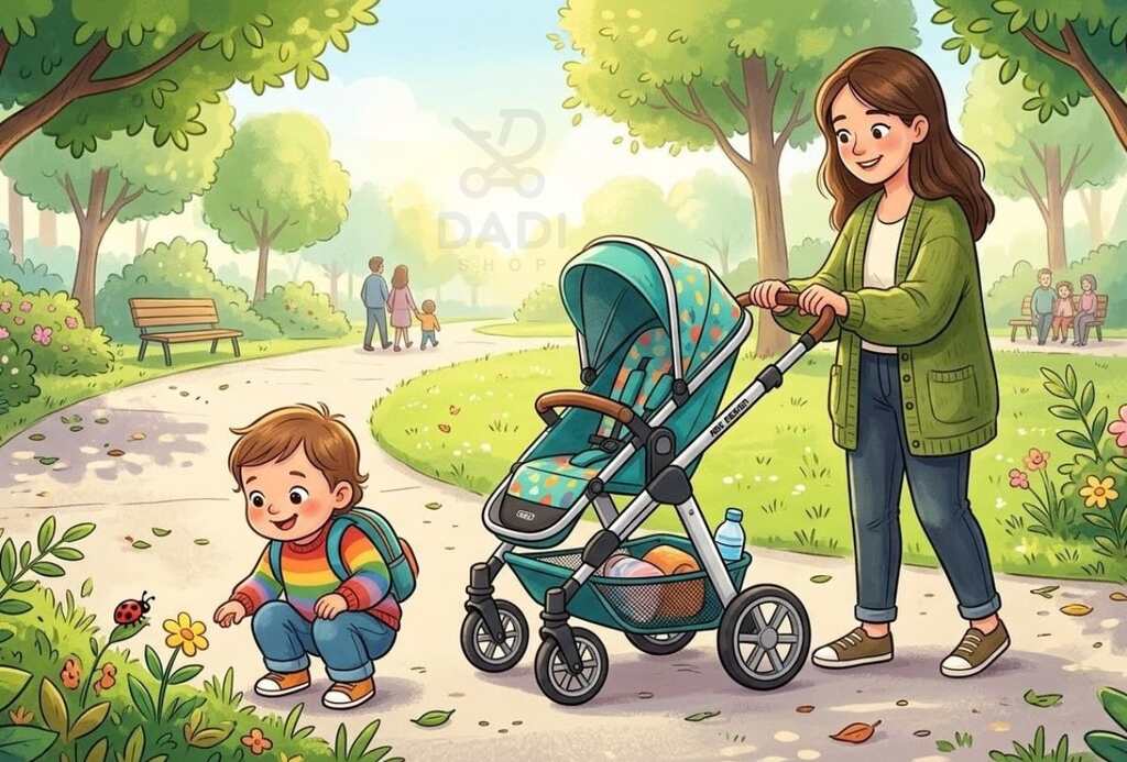 Uśmiechnięta mama z pustym wózkiem spacerowym i dziecko oglądające kwiaty w parku. Pomysł na spacer poza wózkiem.